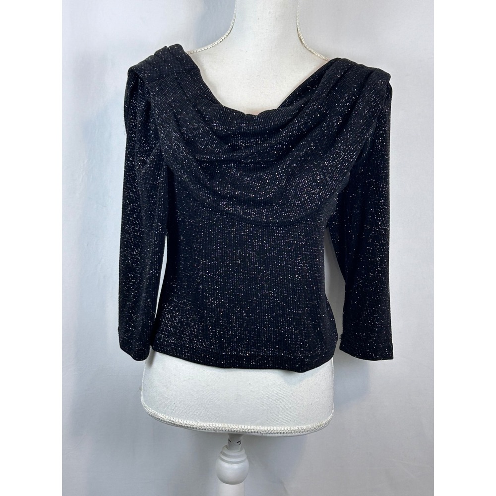 MSK Cowl Neck Top Women S Black Excellent Metallic Glitter Ribbed Knit